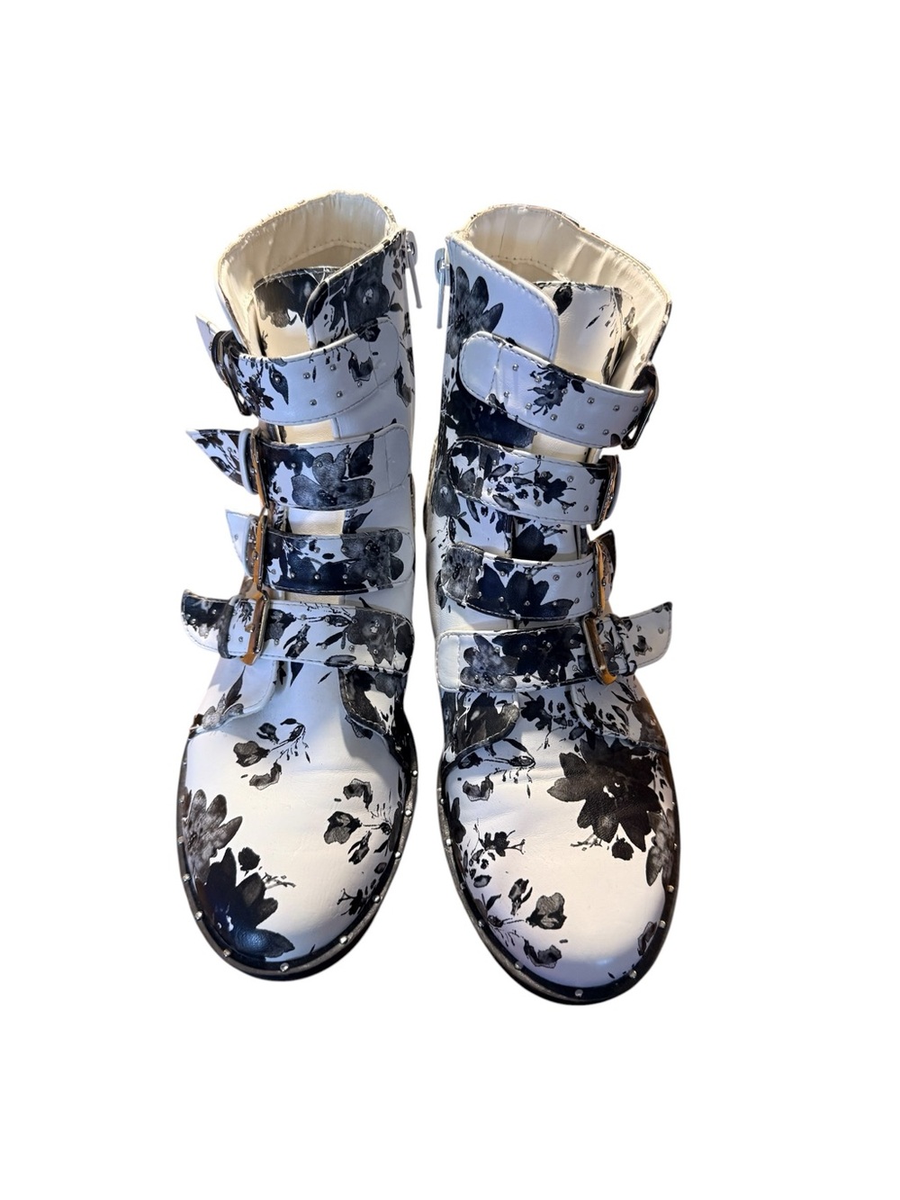 Bar III Margo Floral Print White Ankle Boots with Buckle Straps